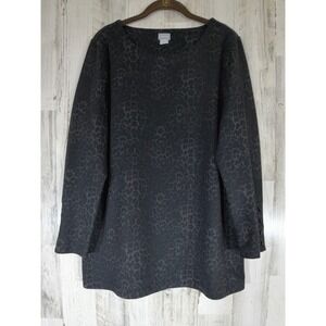 Chicos Ponte Knit Tunic Size 2 or Large Black Leopard Print Button Cuff READ